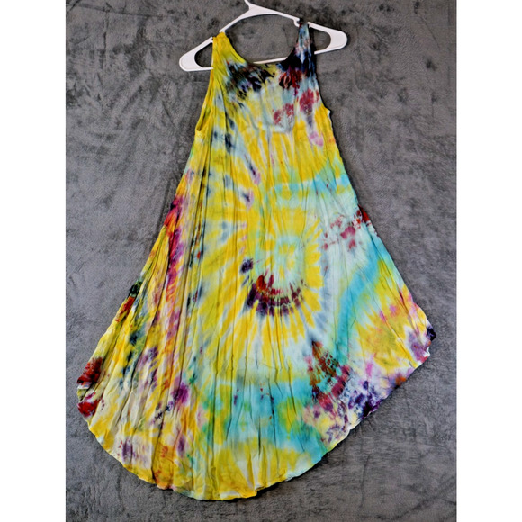 S.R. Fashion Free Size Rayon Sundress Embroidered Tie-Dye Rainbow Swirl Boho Ind - Picture 2 of 13